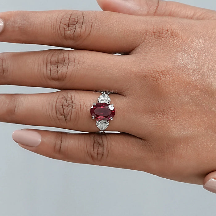 3 Stone Oval Ruby Lab Gemstone Ring