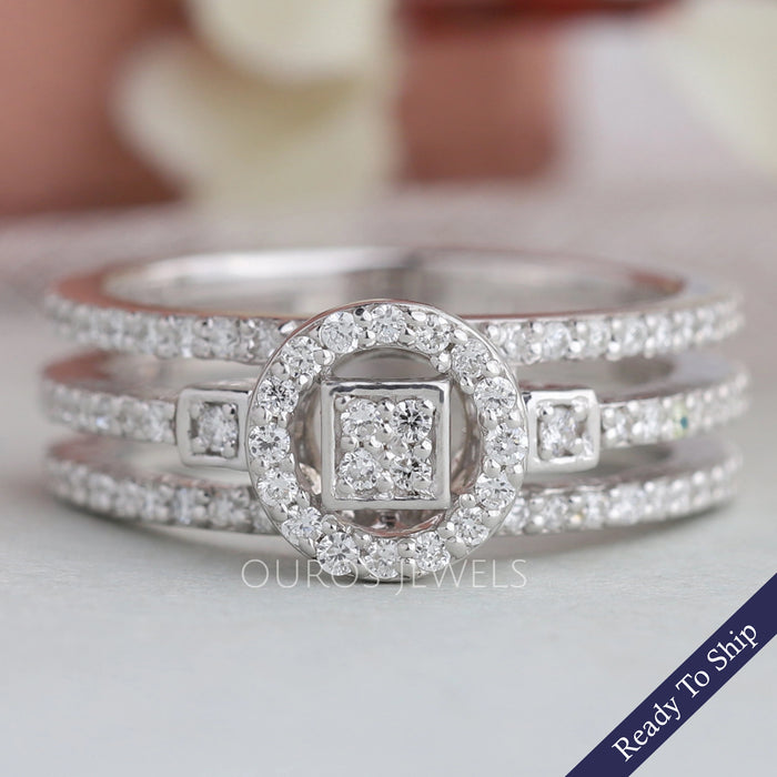 Round Cluster Diamond Triple Shank Halo Ring