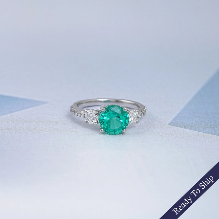 Green Round And Diamond Three Stone Accent Diamond Ring