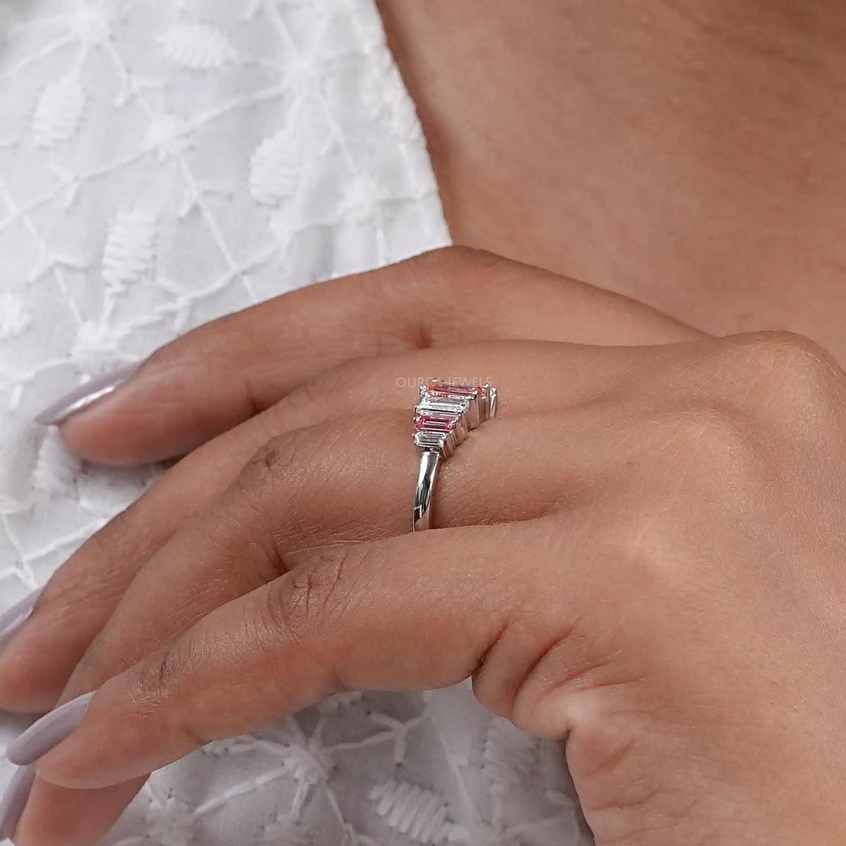 7 Stone Pink Baguette Cut Lab Diamond Anniversary Ring Rings