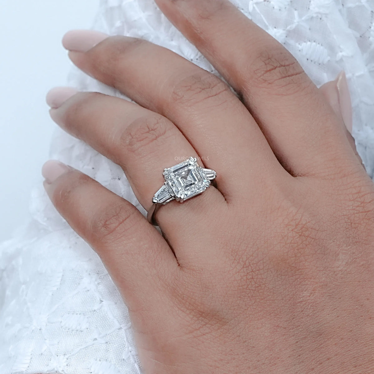 Asscher Diamond Three Stone Engagement Ring Rings