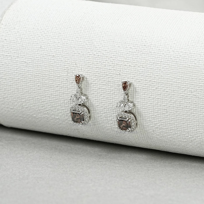 Brown Asscher Cut Halo Drop Earrings