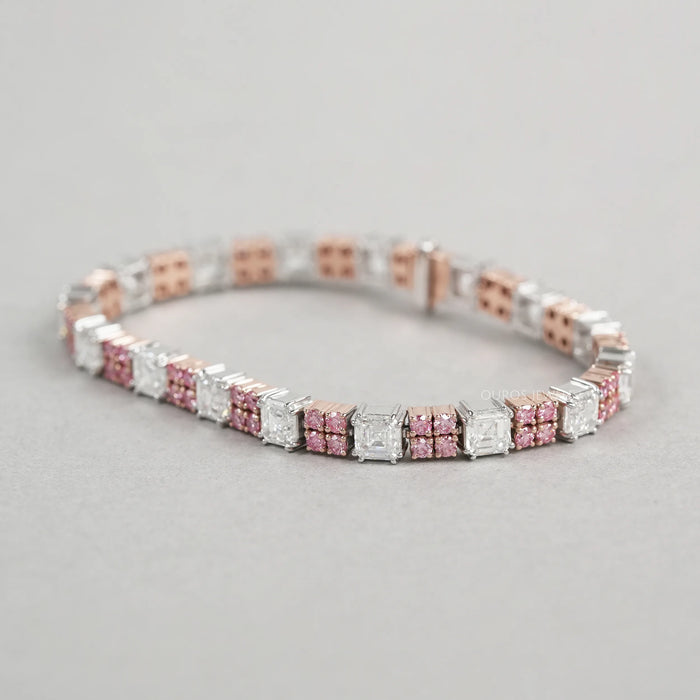 Asscher Cut Pink Round Diamond Tennis Bracelet