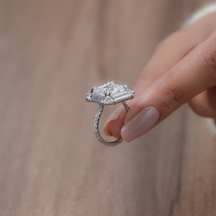 side view of asscher cut baguette halo accent diamond engagement ring