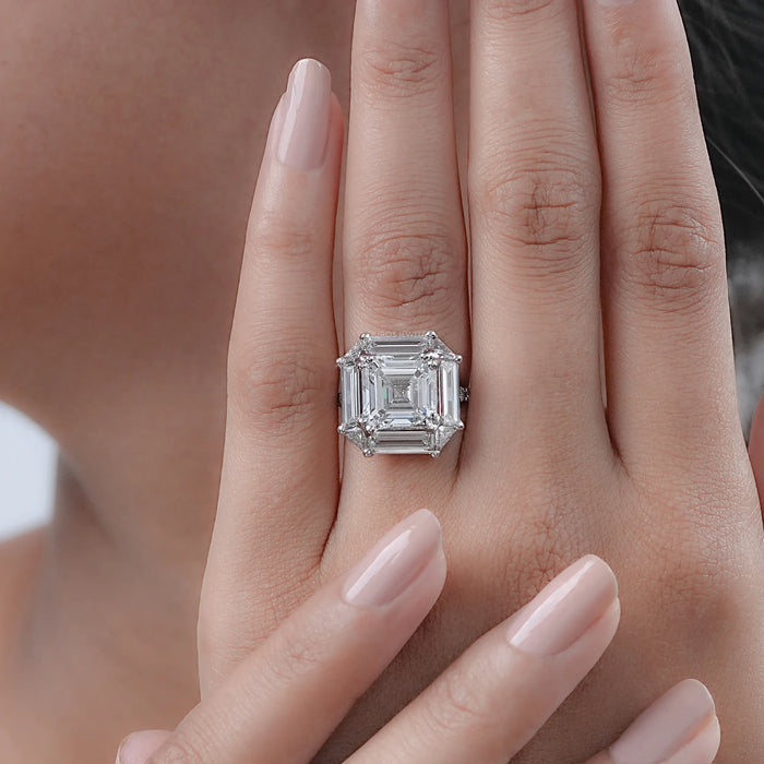 asscher cut baguette halo accent diamond engagement ring on model's hand