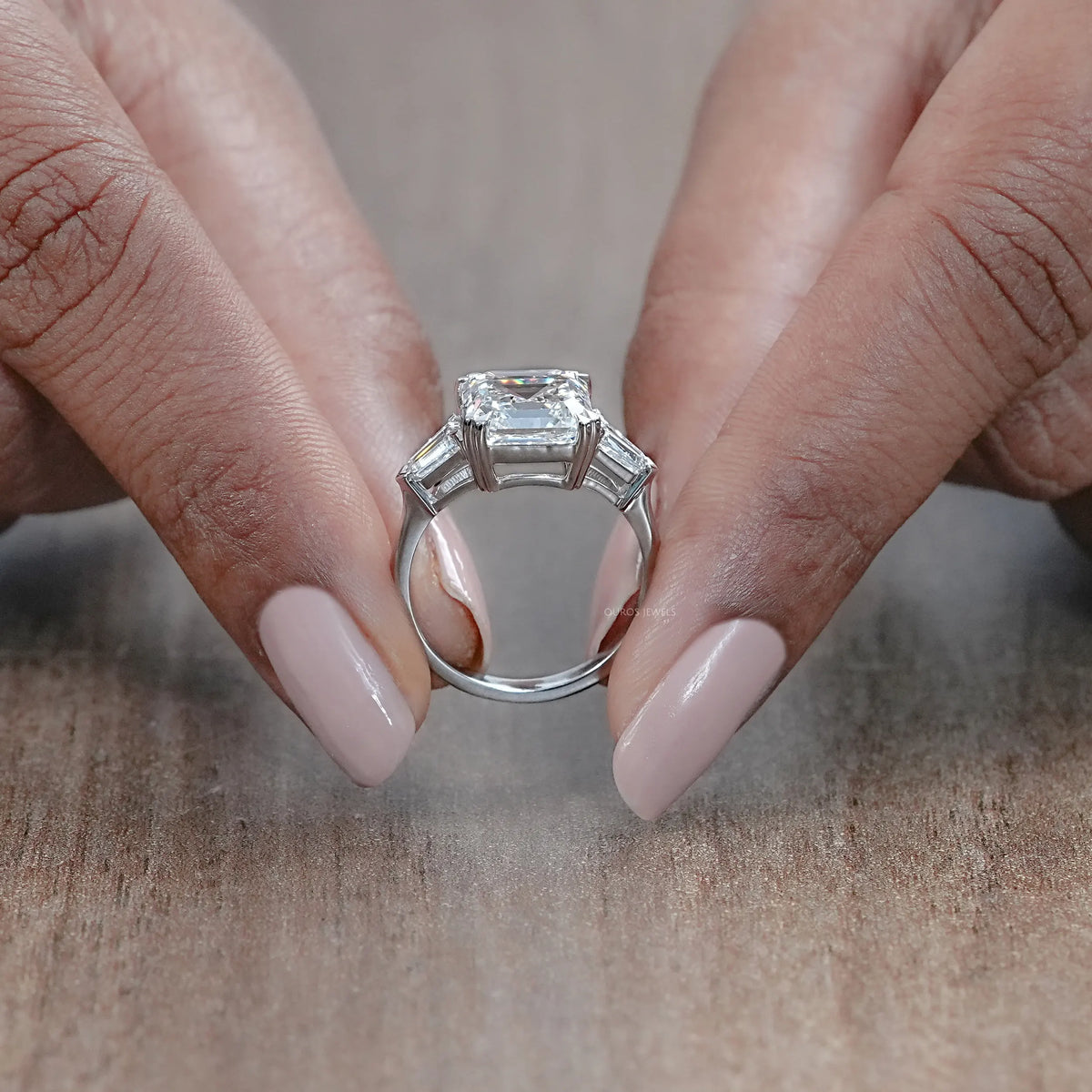 Asscher Diamond Three Stone Engagement Ring Rings