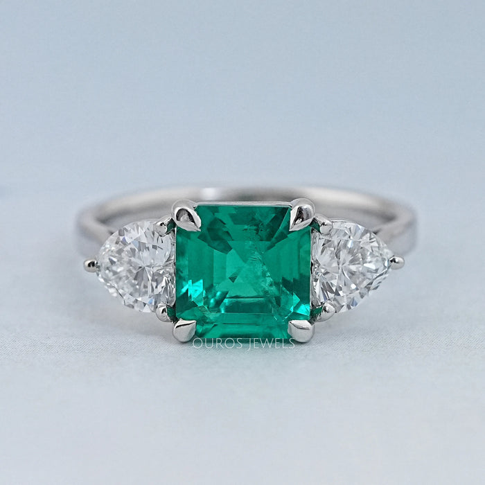 Green Asscher Gemstone Three Stone Engagement Ring