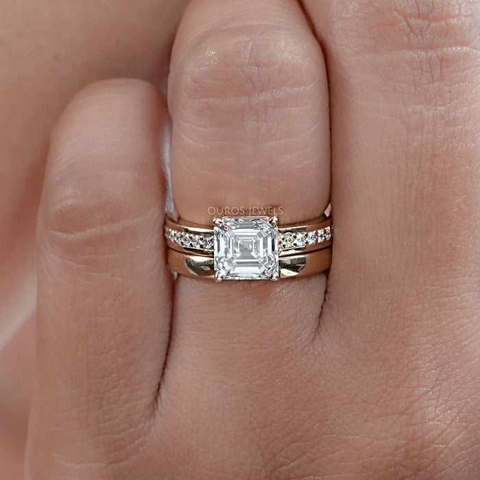 Asscher Cut Diamond Solitaire Accent With Plain Wedding Band
