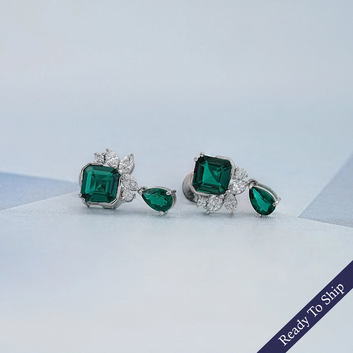 Green Asscher Gemstone And Marquise Diamond Drop Earrings
