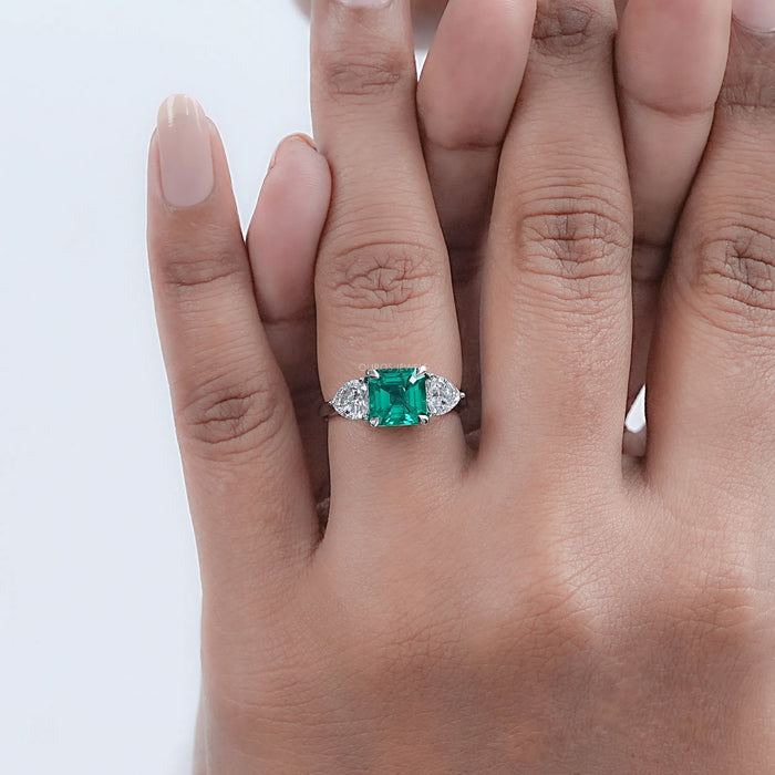 Green Asscher Gemstone Three Stone Engagement Ring