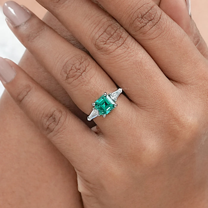 3 Stone Green Asscher Cut Gemstone Ring