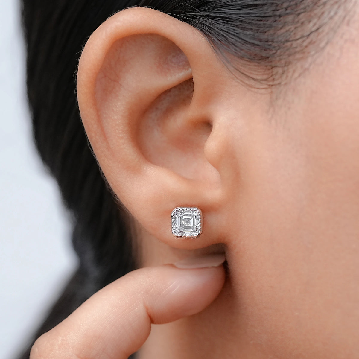 Milgrain Set Asscher Lab Diamond Stud Earrings Earrings
