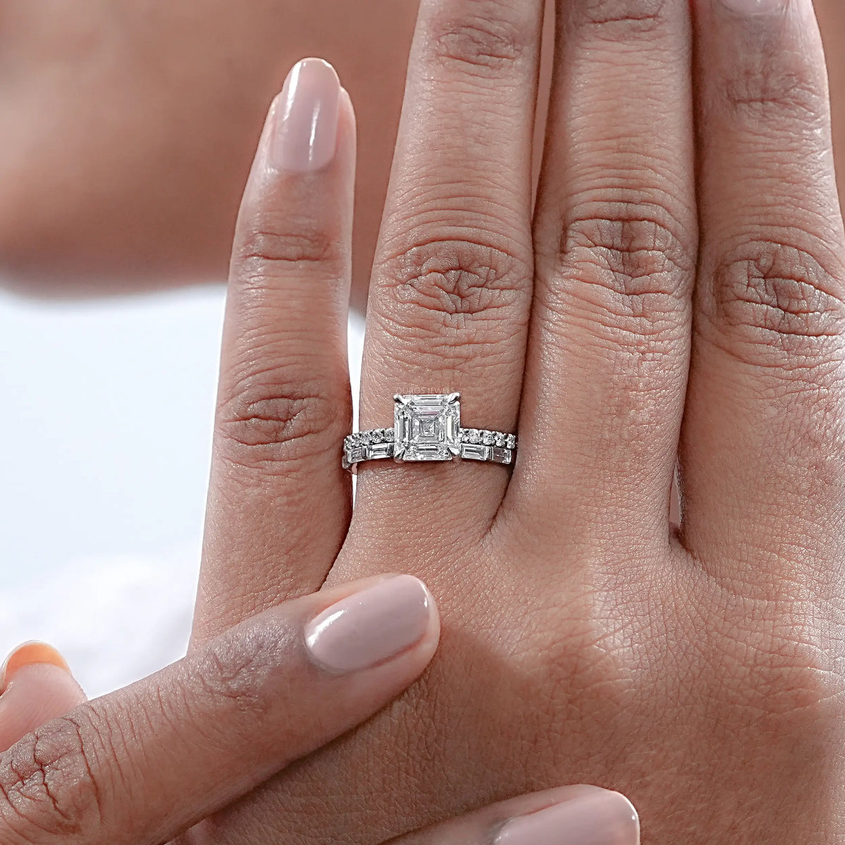 Asscher Lab Diamond Solitaire Accent Bridal Ring Set Rings