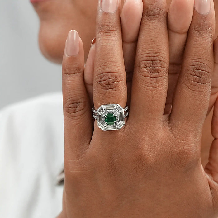green asscher cut lab gemstone diamond halo anniversary ring on model's finger
