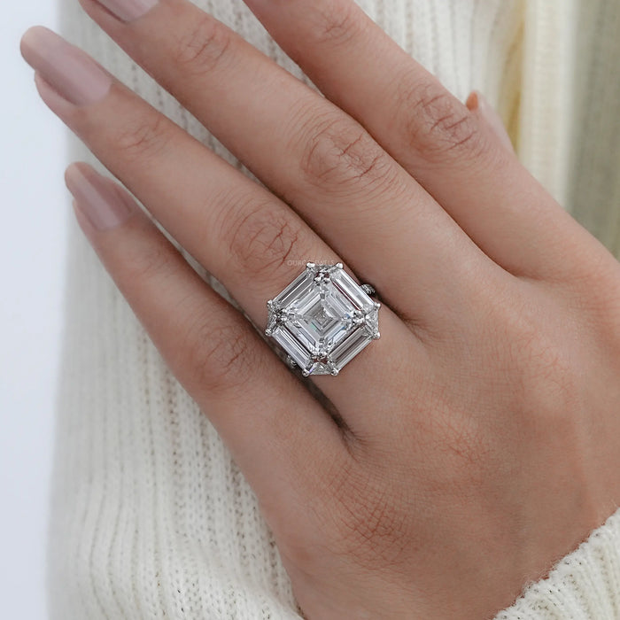 asscher cut baguette halo accent diamond engagement ring in finger