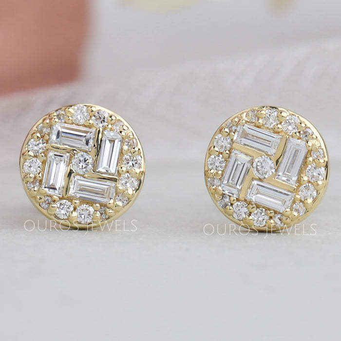 Baguette Cluster Diamond Round Studs