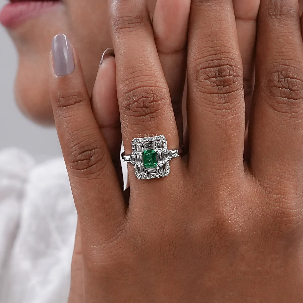 Baguette And Round Halo Diamond Gemstone Ring Ring