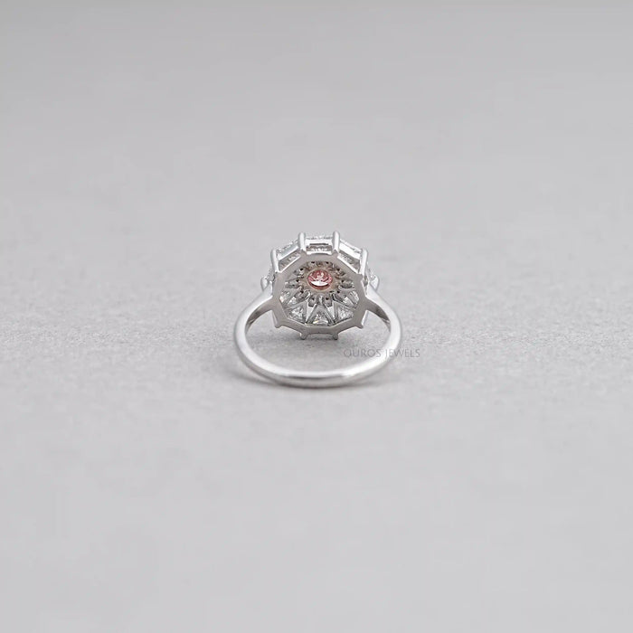 pink round cut diamond triangle halo engagement ring's back view