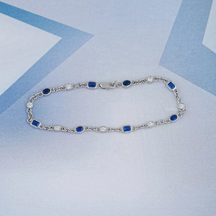 Sapphire Emerald Cut Gemstone Chain Bracelet