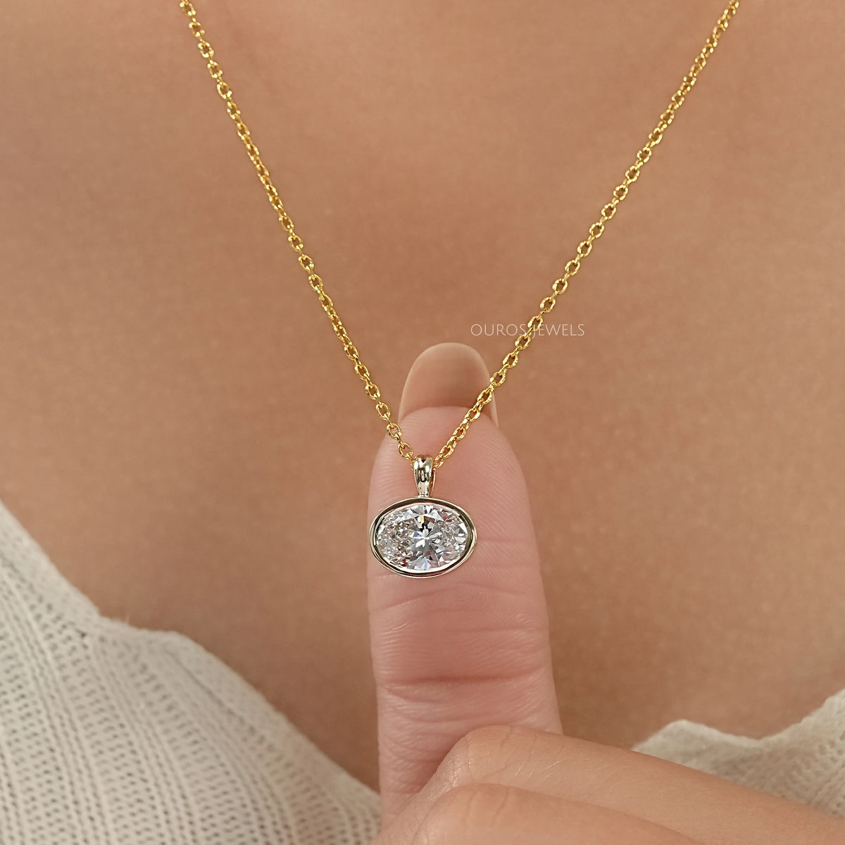 Oval Lab Diamond Bezel Set Solitaire Pendant Necklaces