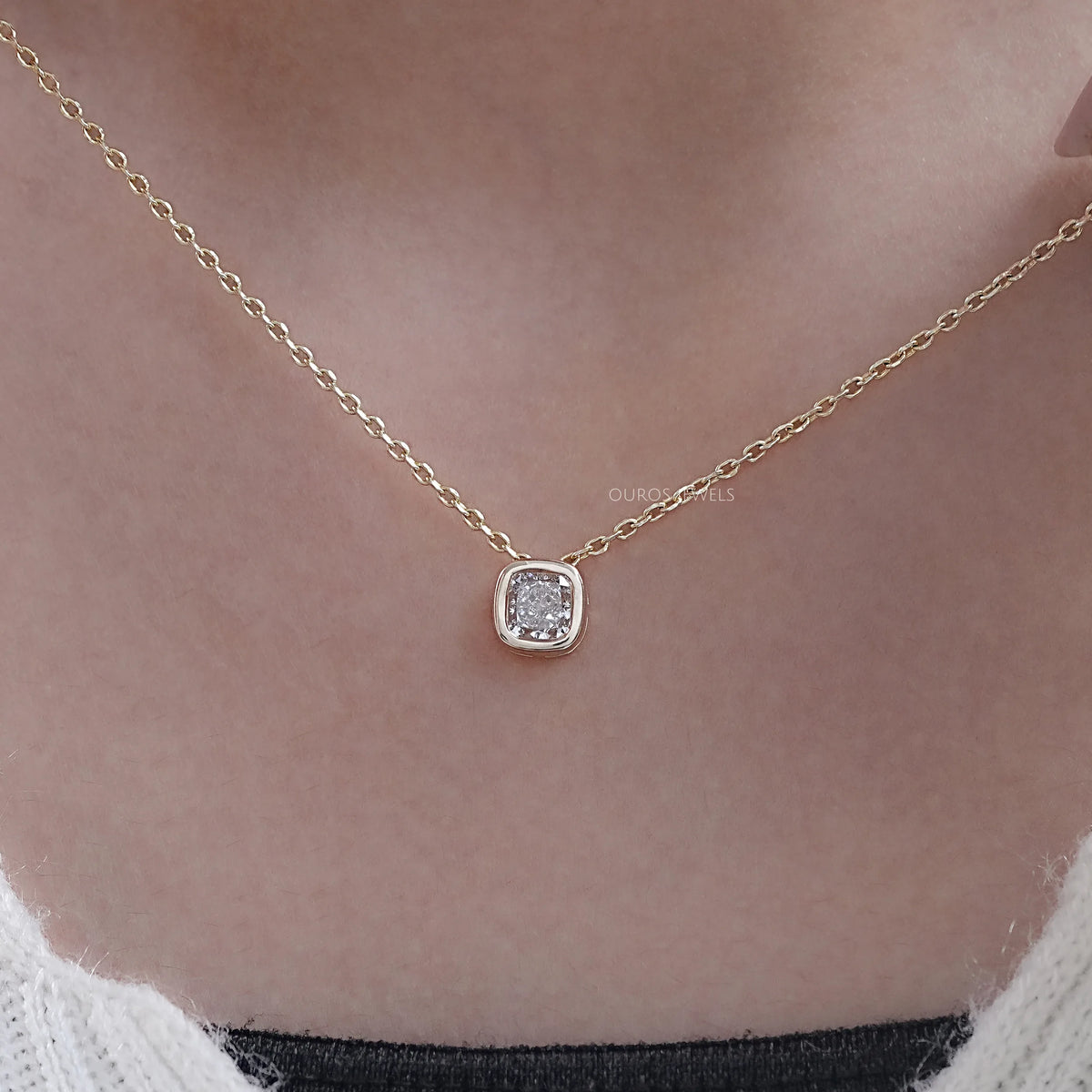 Square Cushion Diamond Bezel Set Solitaire Pendant Necklaces
