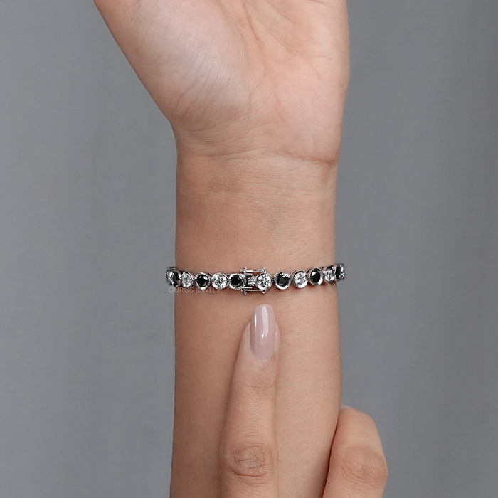 Round Black And White Diamond Bezel Set Bracelet