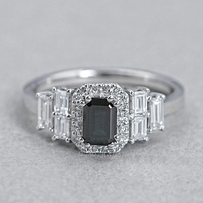 Black Emerald Cut Halo Engagement Ring