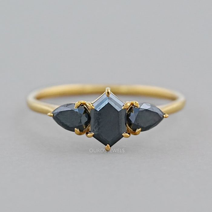 Hexagon and Pear Cut Black Lab Diamond Three Stone Ring