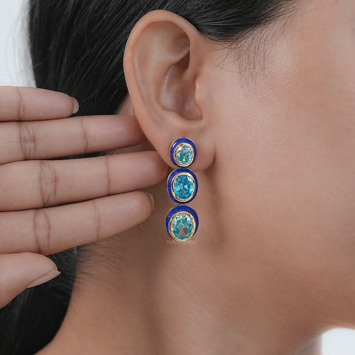 Three Tier Blue Topaz Oval Gemstone Dangle Earrings