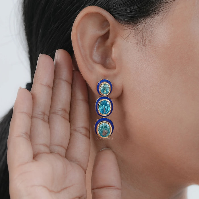 Three Tier Blue Topaz Oval Gemstone Dangle Earrings