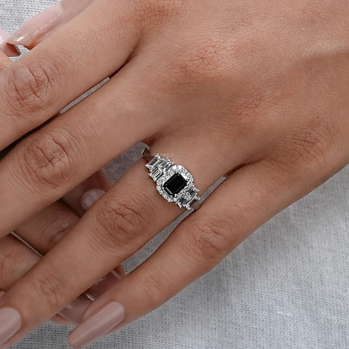 Black Emerald Cut Halo Engagement Ring