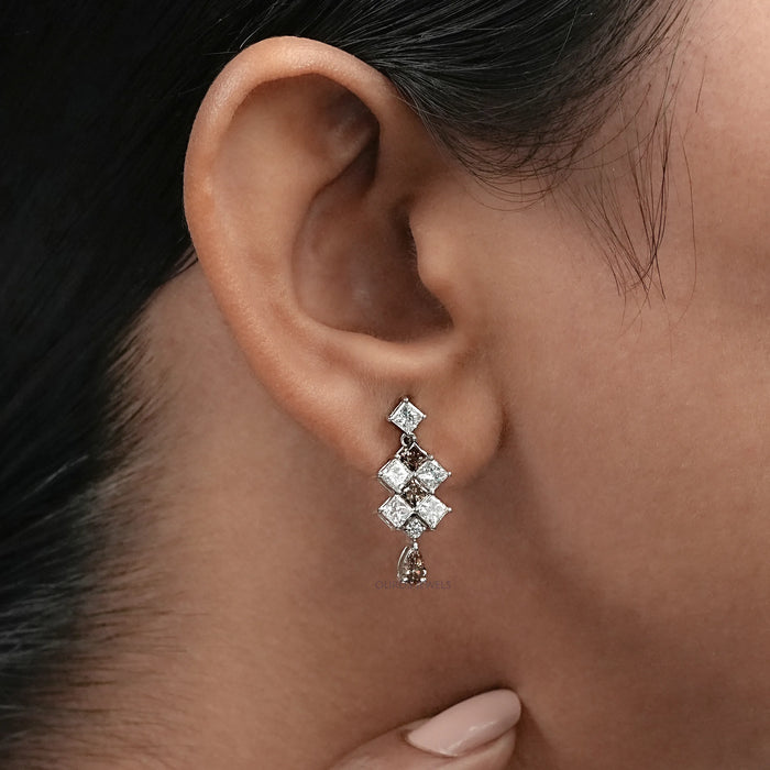 Brown Princess Cut Diamond Drop Earrings