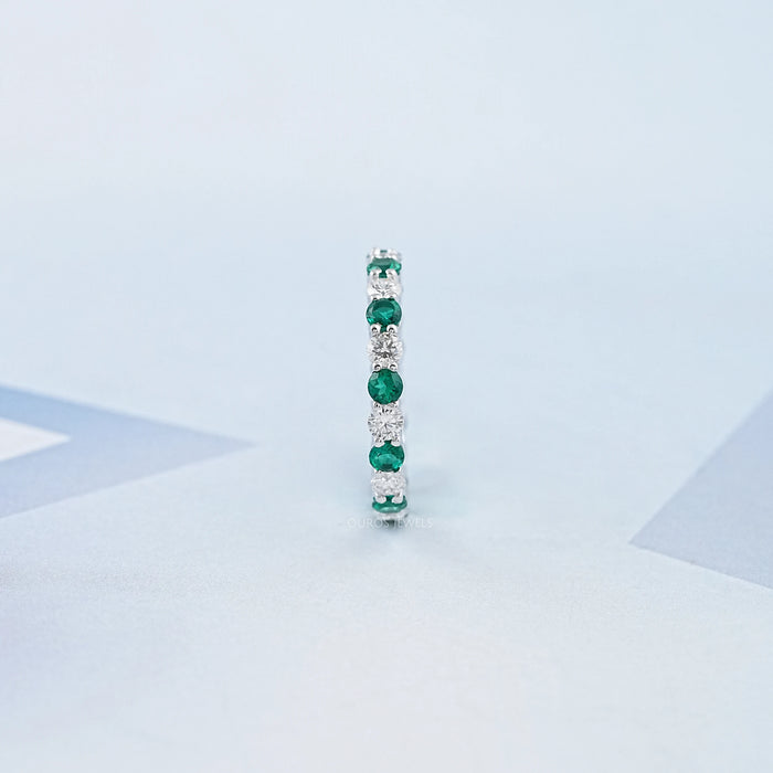 Emerald Gemstone And Round Diamond Eternity Band