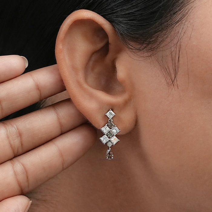 Brown Princess Cut Diamond Drop Earrings