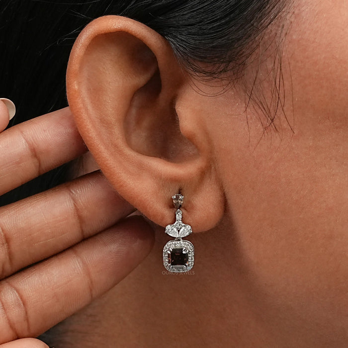 Brown Asscher Cut Halo Drop Earrings