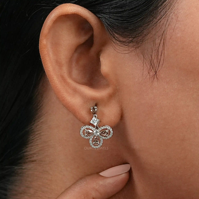 Brown Pear Halo Dangle Earrings