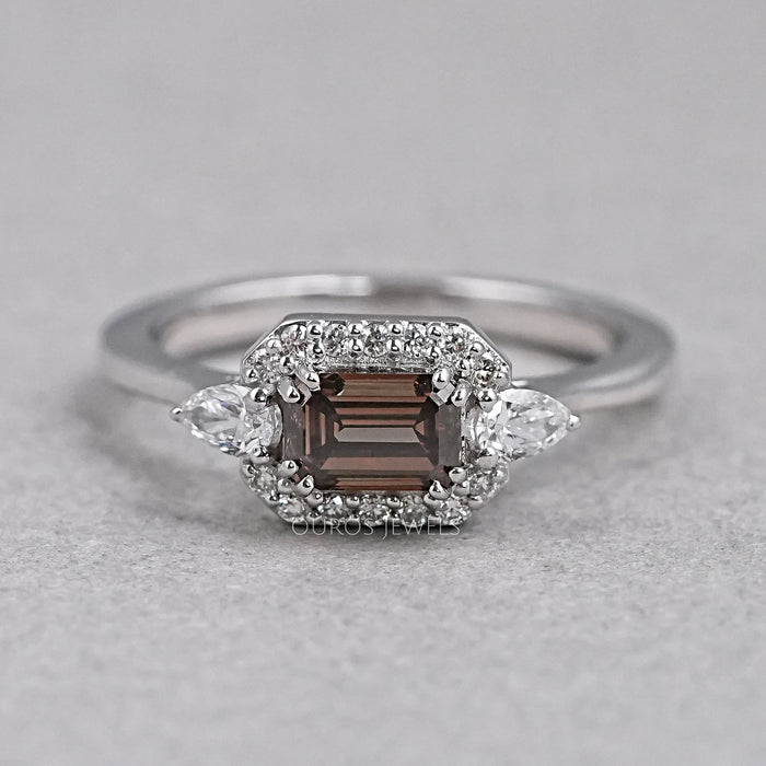 3 Stone Brown Emerald Shape Diamond Ring