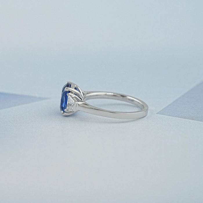 Cushion Cut Sapphire and Trapezoid Lab Diamond Ring
