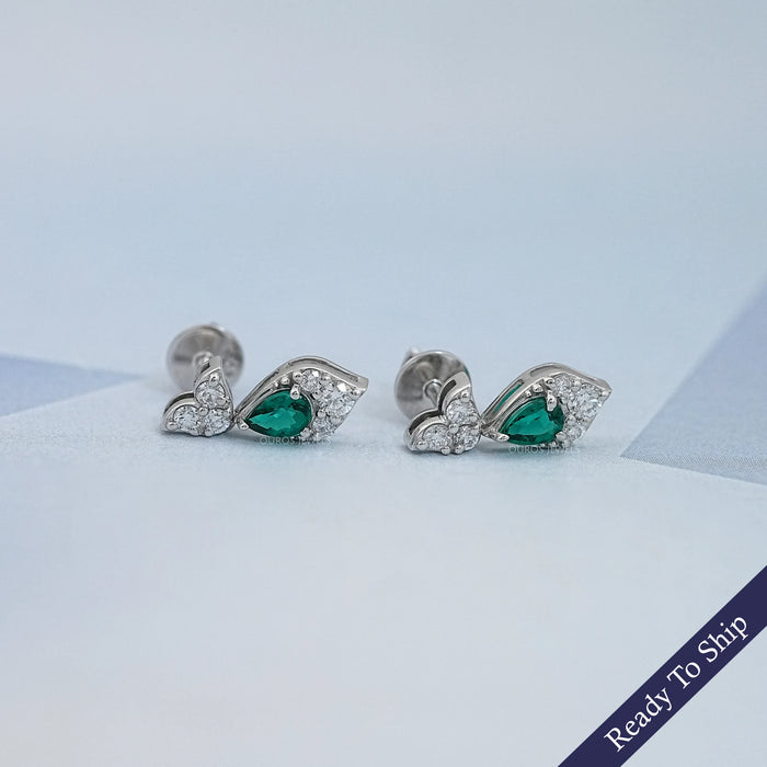 Green Pear And Round Diamond Drop Earrings