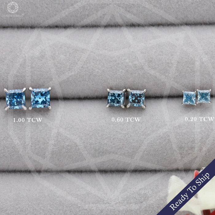 Blue Princess Diamond Screw Back Stud Earrings