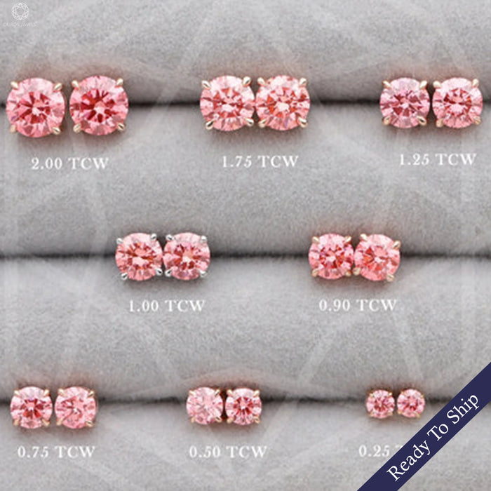 Pink Round Diamond Rose Gold Screw Back Earrings