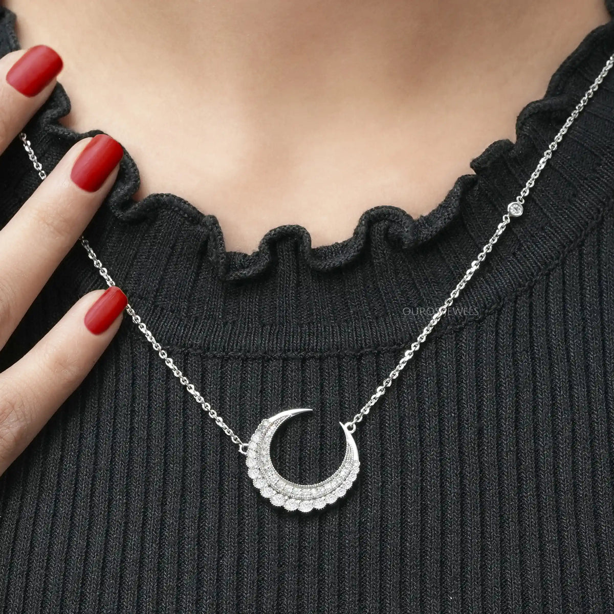 Round Cut Lab Diamond Crescent Moon Pendant Necklaces