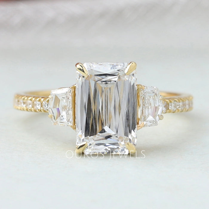Three Stone Criss-Cut Emerald Diamond Engagement Ring for Bride
