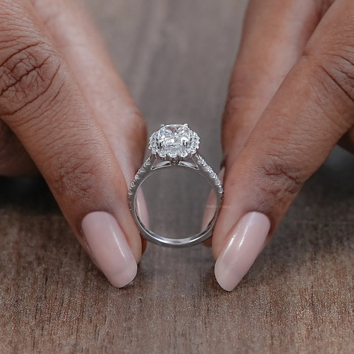 close view of cushion cut lab diamond halo engagement ring