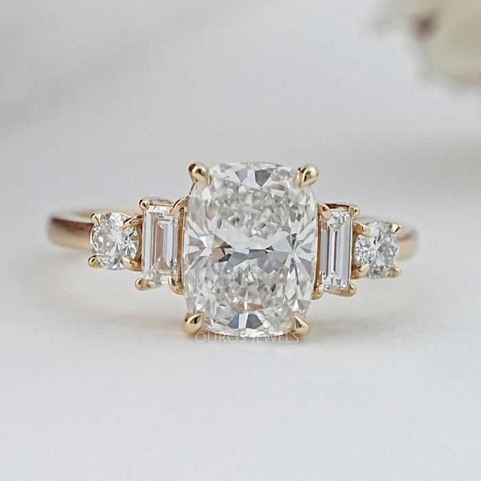 Elongated Cushion And Baguette Diamond Five Stone Engagement Ring