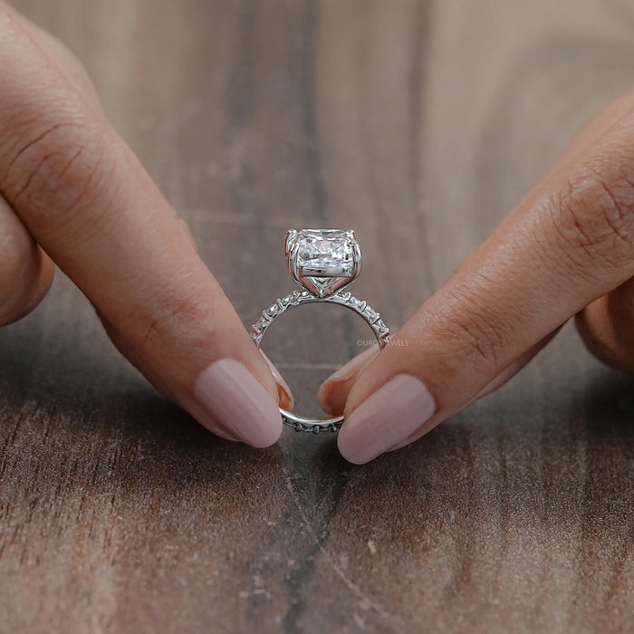 Cushion Diamond Eternity Engagement Ring With Round Diamond Accent