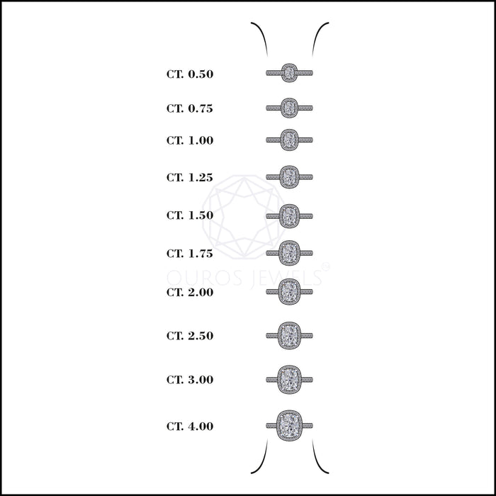 carat's chart of cushion cut lab diamond halo engagement ring