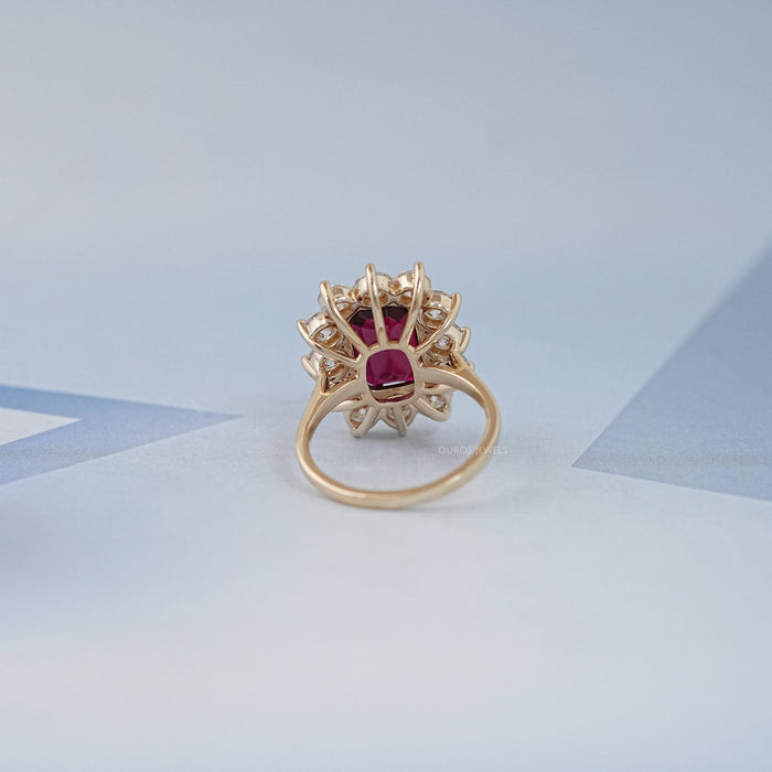Ruby Elongated Cushion Gemstone Halo Diamond Ring