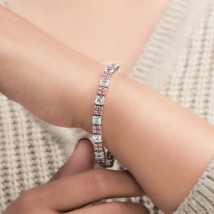 Asscher Cut Pink Round Diamond Tennis Bracelet