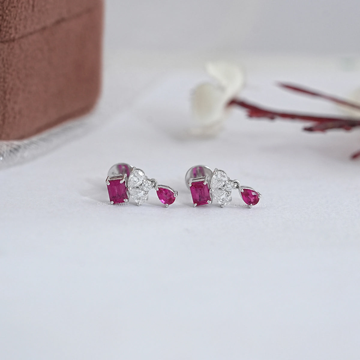 Pink Emerald Gemstone And Pear Diamond Drop Earrings